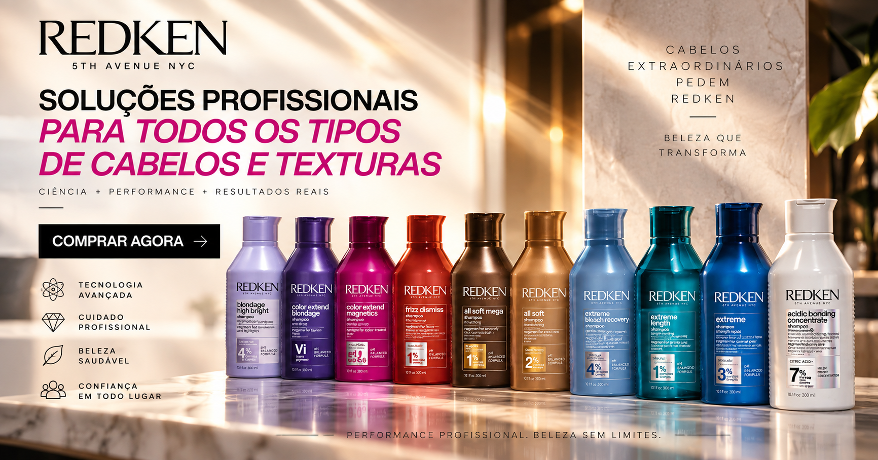 Soluções profissionais Redken para todos os tipos de cabelos e texturas